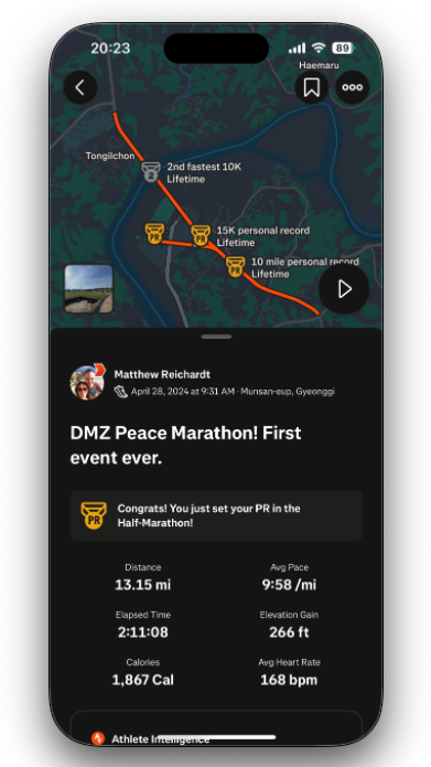 Strava results from the 2024 DMZ Marathon