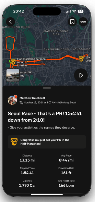 Strava results from the 2024 Seoul Race half-marathon